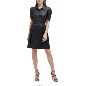 DKNY Black Faux Leather Shirt Dress